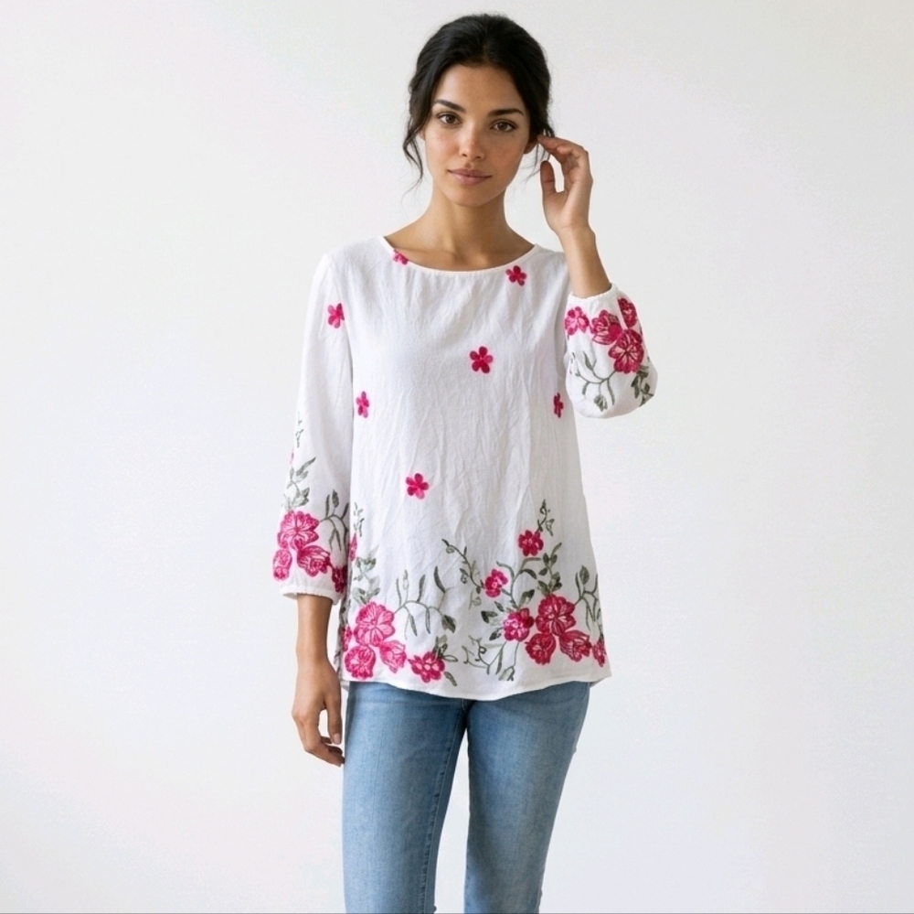 Kindred Women's Peasant Embroidery Multicolor White Floral Top Sz PM